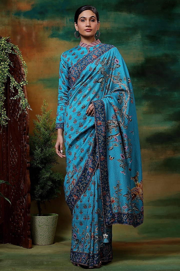 Blue Chanderi Silk Printed Saree Set by Samvrih