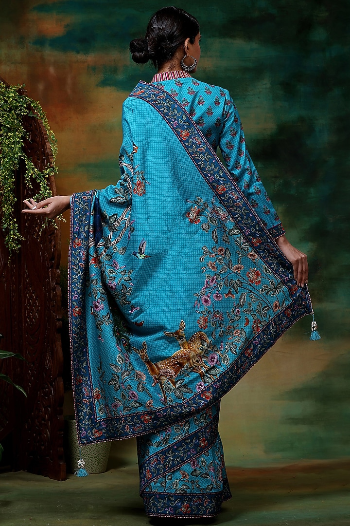 Blue Chanderi Silk Printed Party Wear Saree Set by Samvrih at Pernia's Pop Up Shop