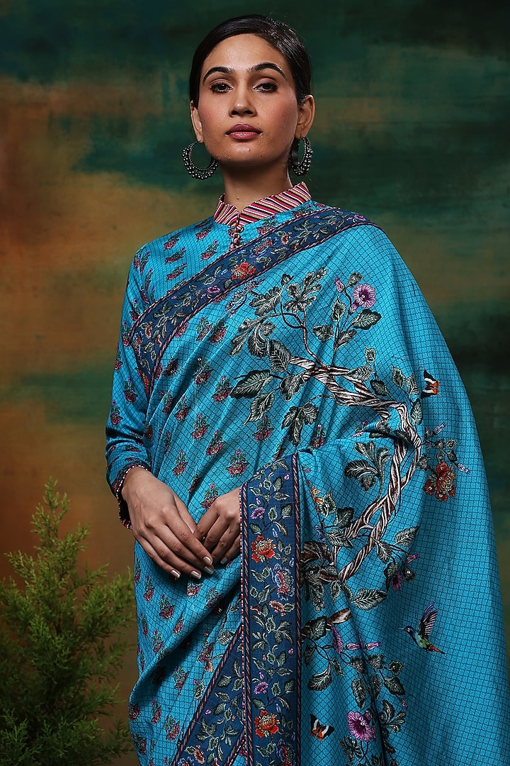 Blue Chanderi Silk Printed Party Wear Saree Set by Samvrih at Pernia's Pop Up Shop