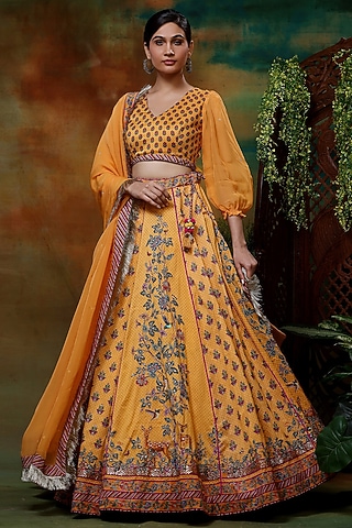 Yellow Chanderi Silk Printed & Hand Embroidered Lehenga Set by Samvrih