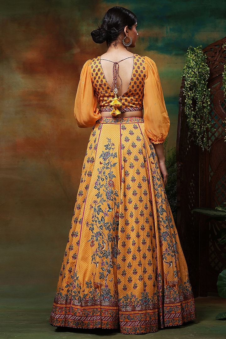Yellow Chanderi Silk Printed & Hand Embroidered Wedding Lehenga Set by Samvrih at Pernia's Pop Up Shop