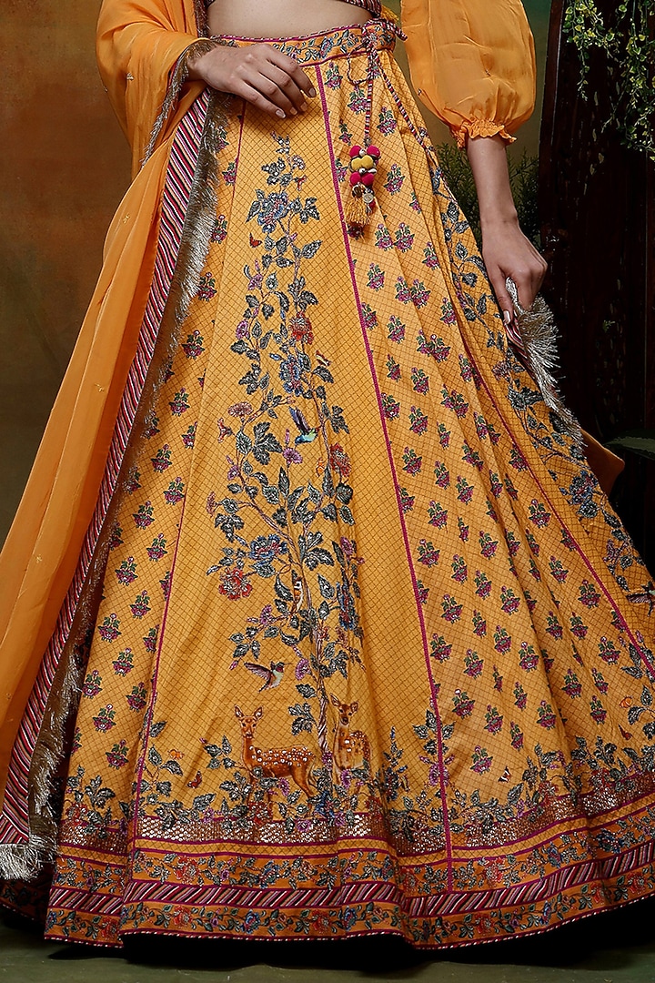 Yellow Chanderi Silk Printed & Hand Embroidered Wedding Lehenga Set by Samvrih at Pernia's Pop Up Shop