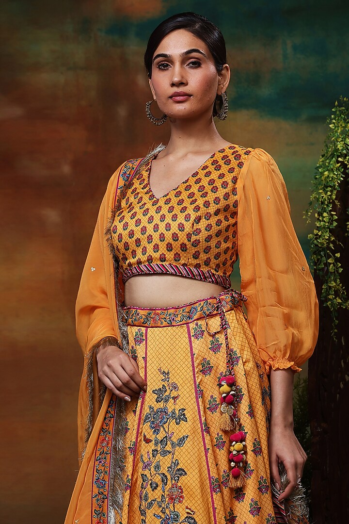 Yellow Chanderi Silk Printed & Hand Embroidered Wedding Lehenga Set by Samvrih at Pernia's Pop Up Shop