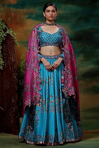 Blue Chanderi Silk Printed & Hand Embroidered Lehenga Set by Samvrih