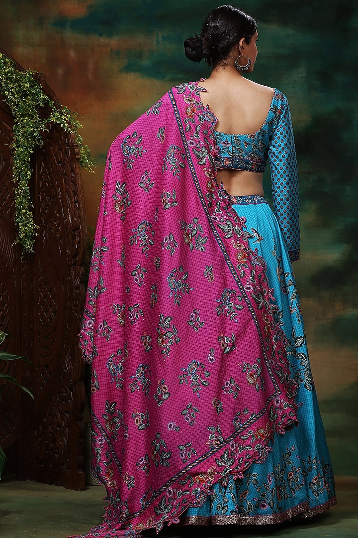 Blue Chanderi Silk Printed & Hand Embroidered Wedding Lehenga Set by Samvrih at Pernia's Pop Up Shop