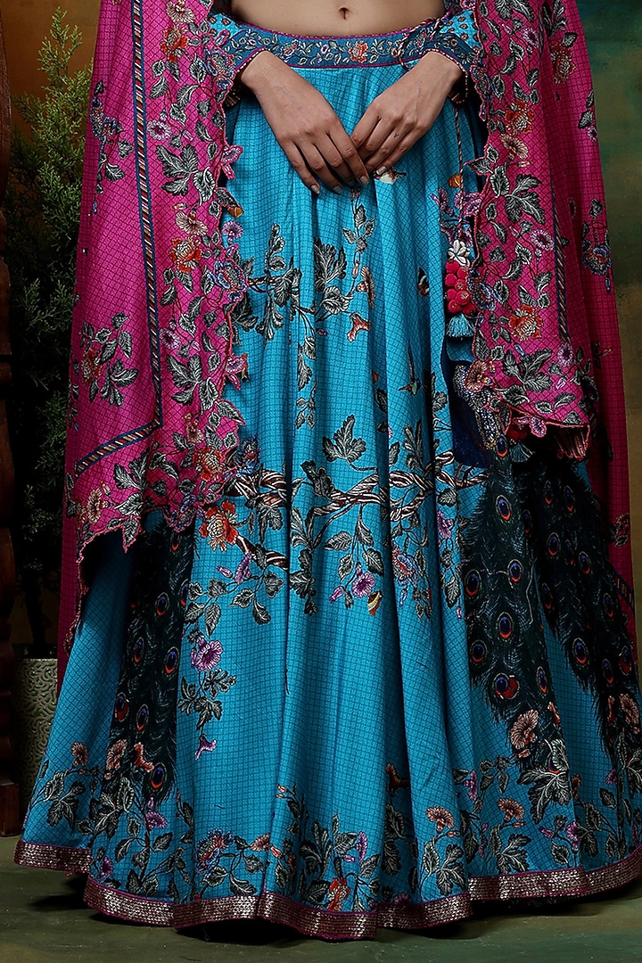 Blue Chanderi Silk Printed & Hand Embroidered Wedding Lehenga Set by Samvrih at Pernia's Pop Up Shop