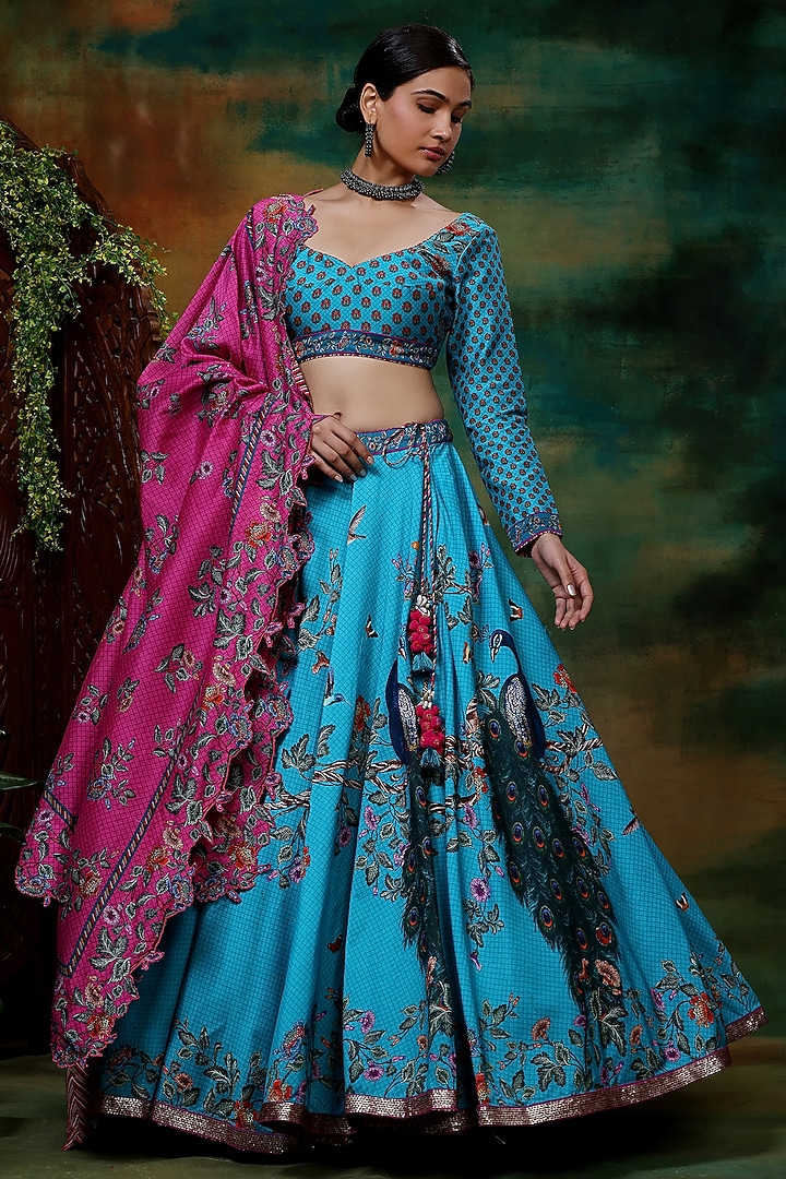 Blue Chanderi Silk Printed & Hand Embroidered Wedding Lehenga Set by Samvrih at Pernia's Pop Up Shop