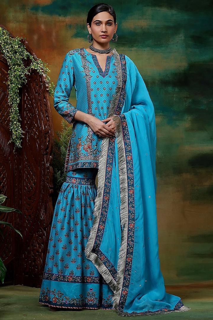 Blue Chanderi Silk Sharara Set by Samvrih