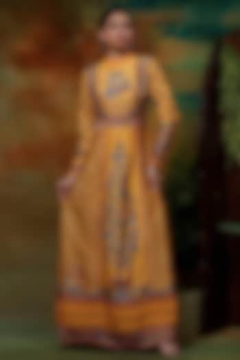 Yellow Chanderi Silk & Organza Printed Maxi Dress by Samvrih
