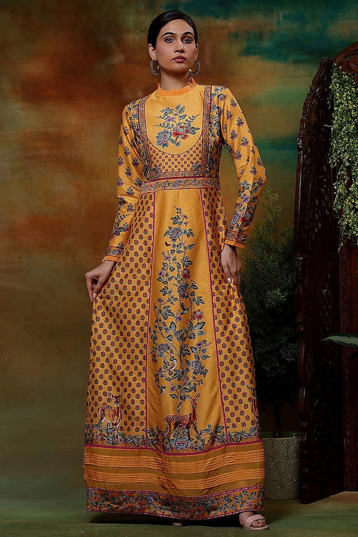 Yellow Chanderi Silk & Organza Printed Maxi Dress by Samvrih