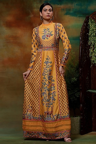 Yellow Chanderi Silk & Organza Printed Maxi Dress by Samvrih
