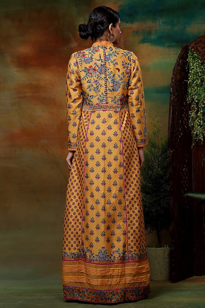 Yellow Chanderi Silk & Organza Printed Maxi Vacation Dress by Samvrih at Pernia's Pop Up Shop