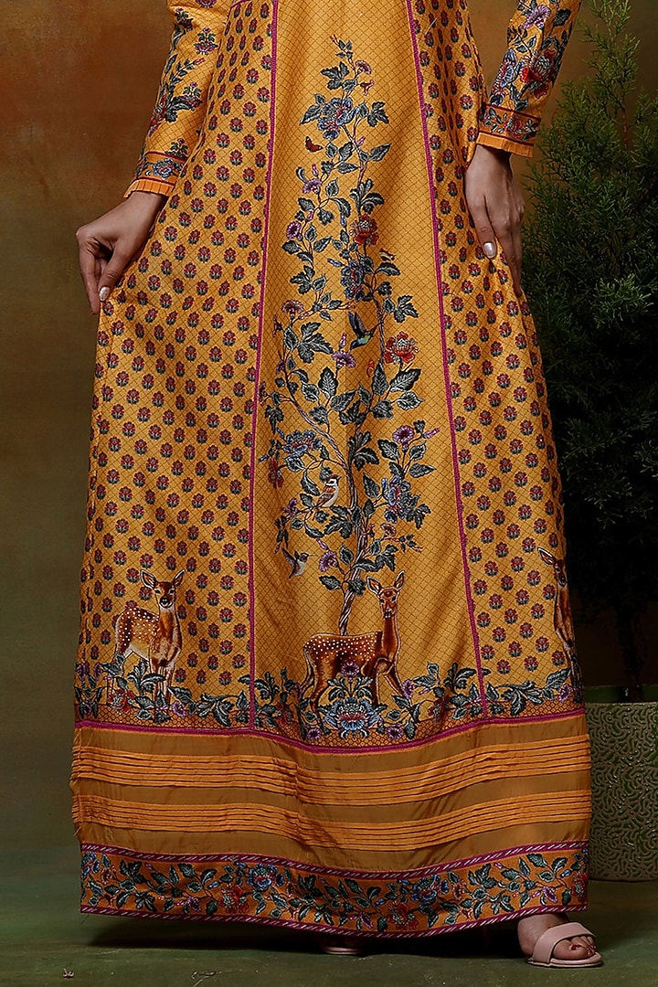Yellow Chanderi Silk & Organza Printed Maxi Vacation Dress by Samvrih at Pernia's Pop Up Shop