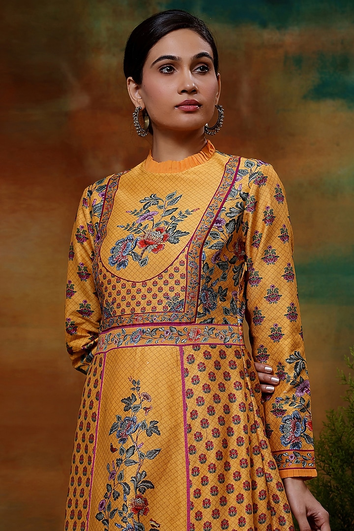 Yellow Chanderi Silk & Organza Printed Maxi Vacation Dress by Samvrih at Pernia's Pop Up Shop