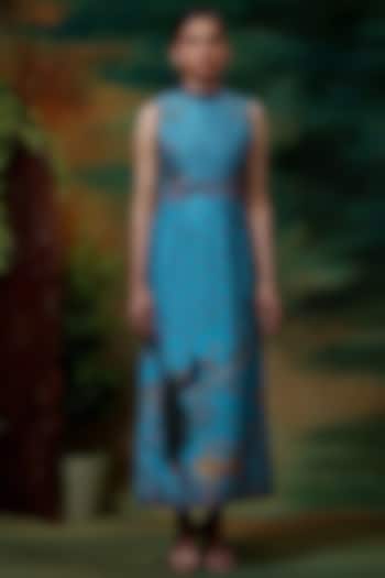 Blue Chanderi Silk Printed Maxi Dress by Samvrih