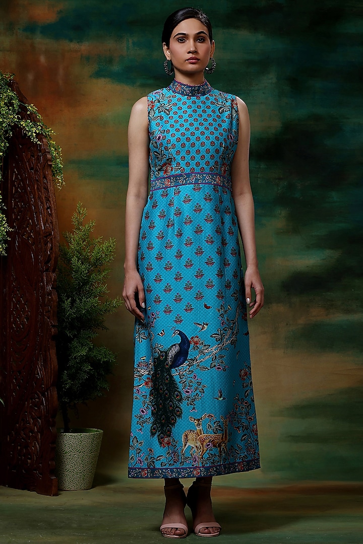 Blue Chanderi Silk Printed Maxi Dress by Samvrih