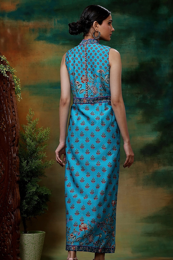 Blue Chanderi Silk Printed Maxi Vacation Dress by Samvrih at Pernia's Pop Up Shop