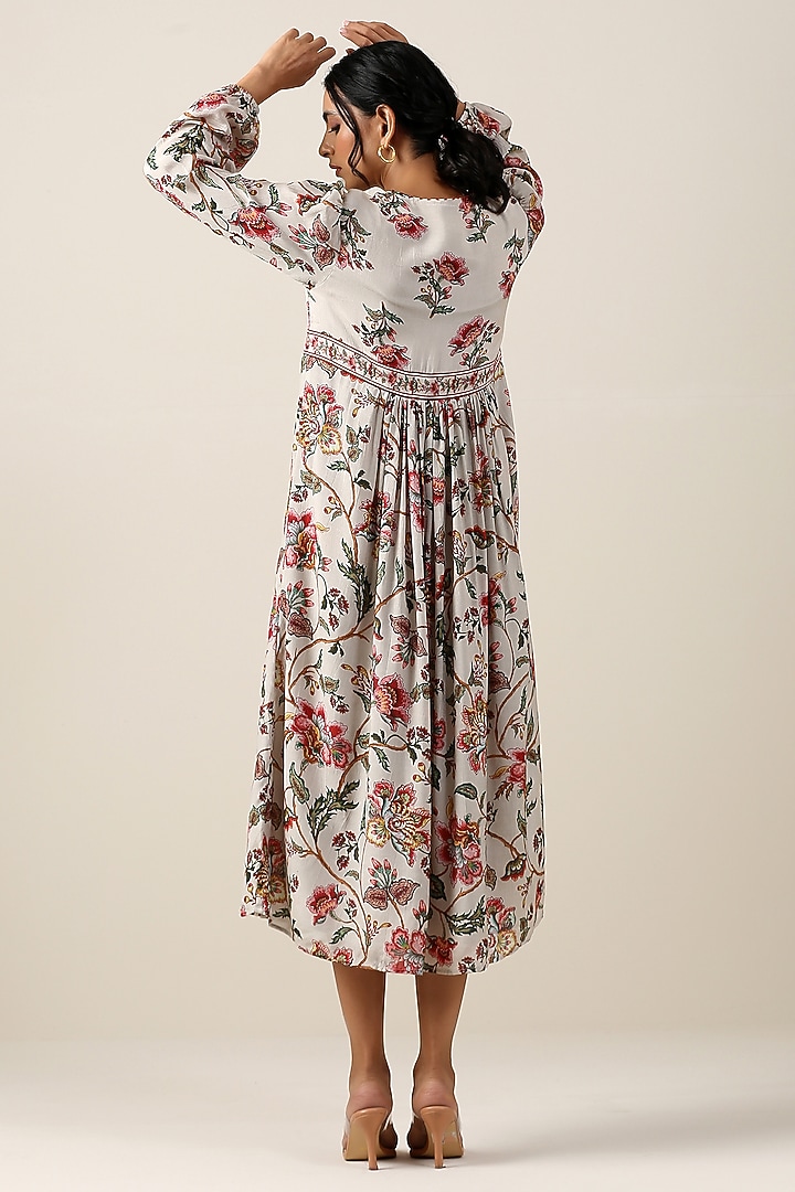 Off-White Vicose Silk Jaal Printed Summer Dress by Samvrih at Pernia's Pop Up Shop