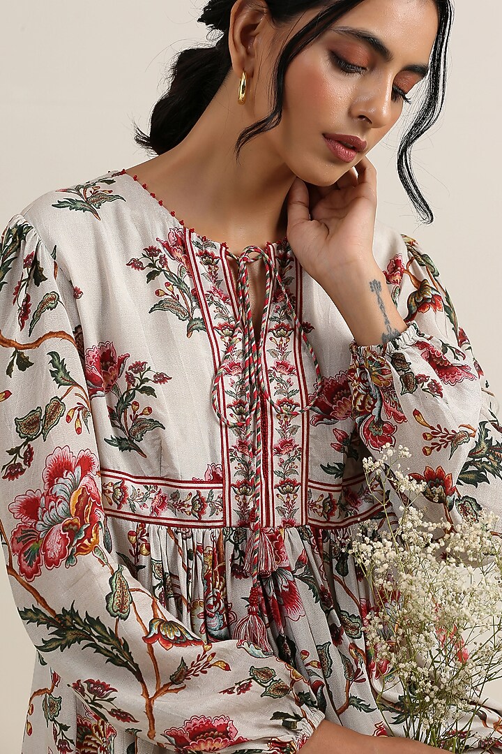 Off-White Vicose Silk Jaal Printed Summer Dress by Samvrih at Pernia's Pop Up Shop