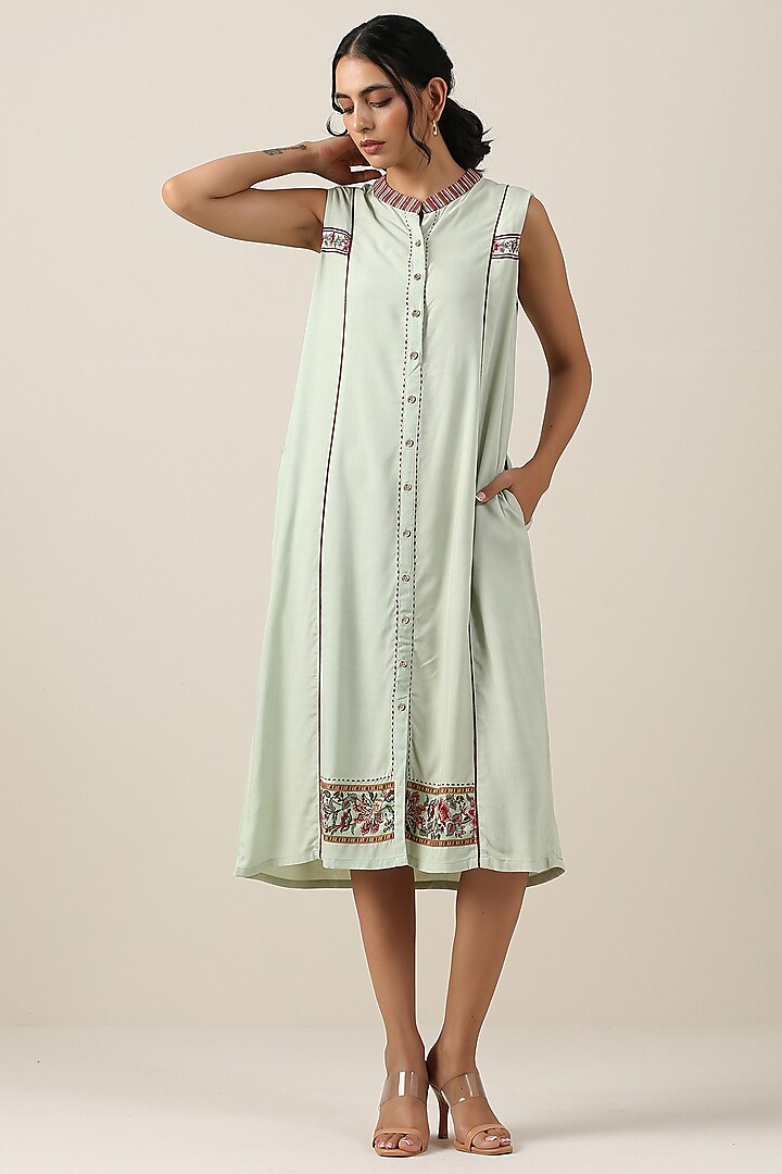 Mint Green Cotton Silk Printed Dress by Samvrih