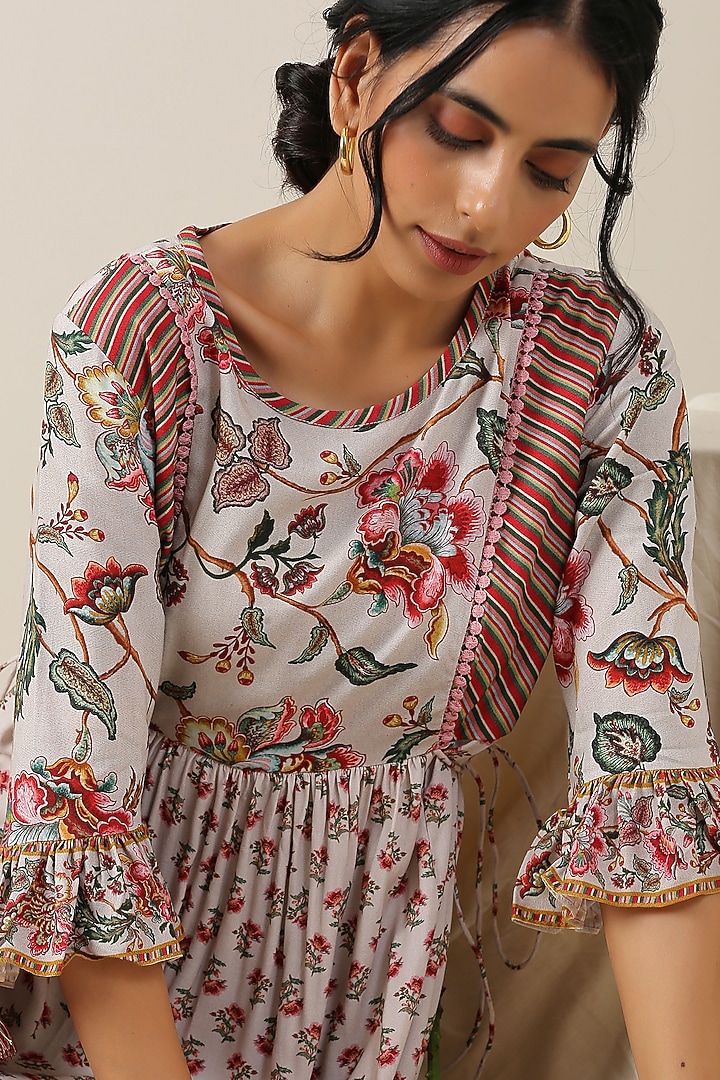 Off-White Viscose Silk Boota & Jaal Printed Summer Dress by Samvrih at Pernia's Pop Up Shop