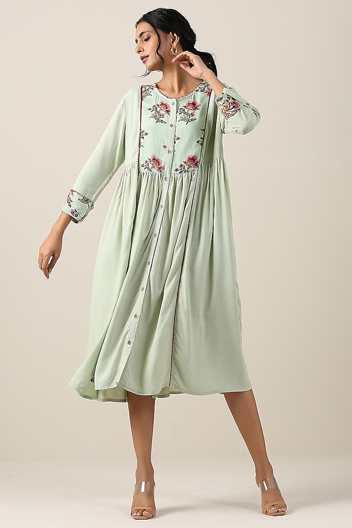 Mint Green Cotton Silk Boota Printed Dress by Samvrih