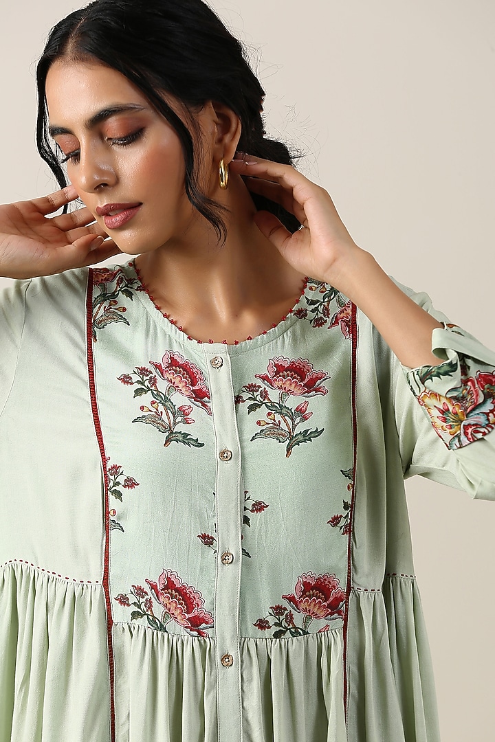 Mint Green Cotton Silk Boota Printed Summer Dress by Samvrih at Pernia's Pop Up Shop