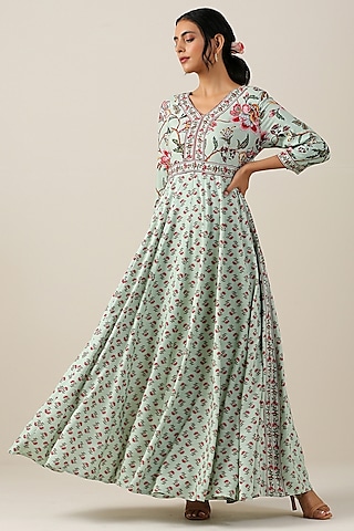 Mint Green Cotton Silk Boota & Jaal Printed Anarkali Set by Samvrih