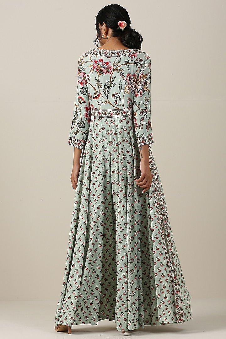 Mint Green Cotton Silk Boota & Jaal Printed Party Wear Anarkali Set by Samvrih at Pernia's Pop Up Shop
