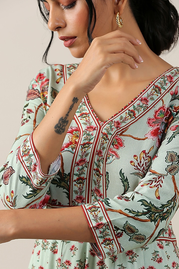 Mint Green Cotton Silk Boota & Jaal Printed Party Wear Anarkali Set by Samvrih at Pernia's Pop Up Shop