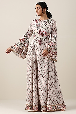 Off-White Viscose Silk Boota & Jaal Printed Anarkali by Samvrih