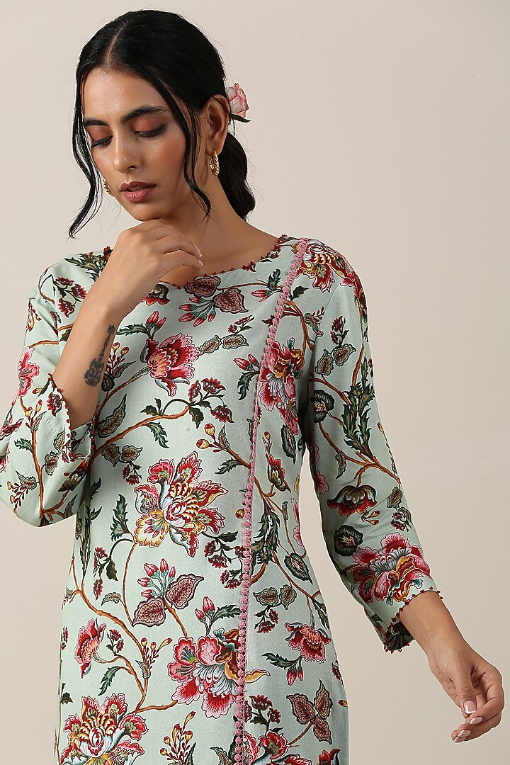 Mint Green Cotton Silk Jaal Printed Kurta Set by Samvrih at Pernia's Pop Up Shop