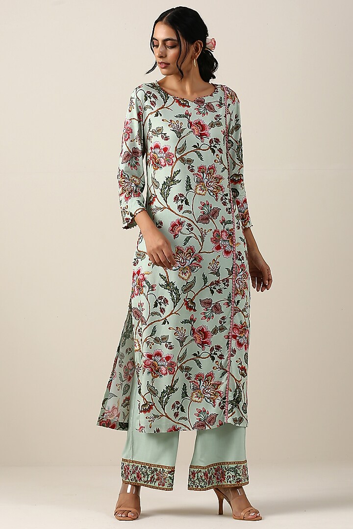 Mint Green Cotton Silk Jaal Printed Kurta Set by Samvrih at Pernia's Pop Up Shop