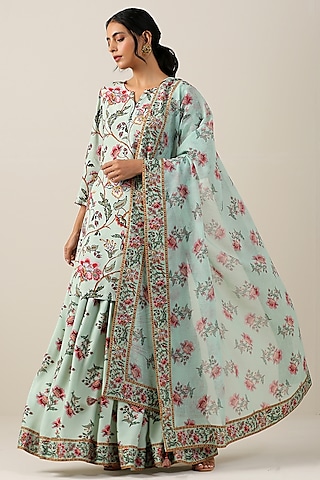 Mint Green Cotton Silk Jaal Printed Kurta Set by Samvrih