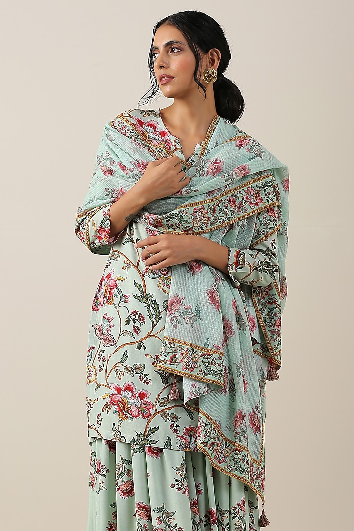 Mint Green Cotton Silk Jaal Printed Kurta Set by Samvrih at Pernia's Pop Up Shop