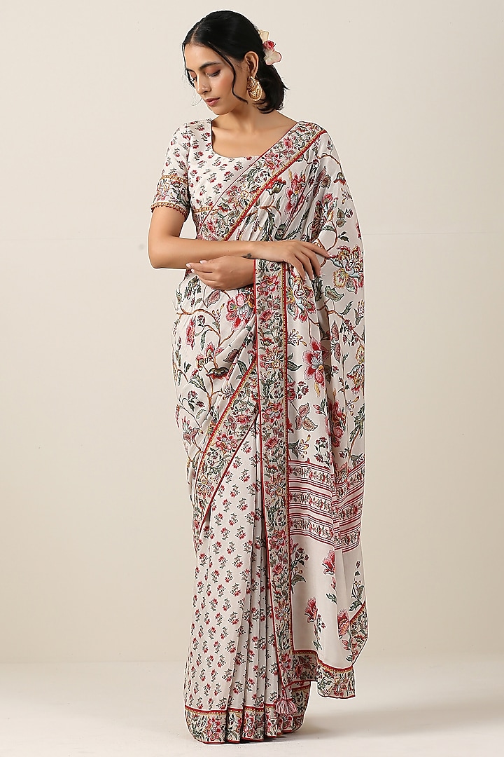 Off-White Viscose Silk Boota & Jaal Printed Saree Set by Samvrih