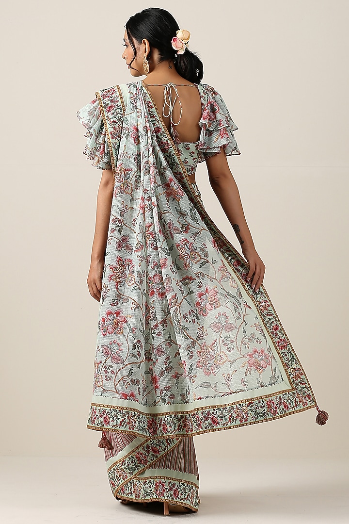 Mint Green Cotton Kota Printed Party Wear Saree Set by Samvrih at Pernia's Pop Up Shop
