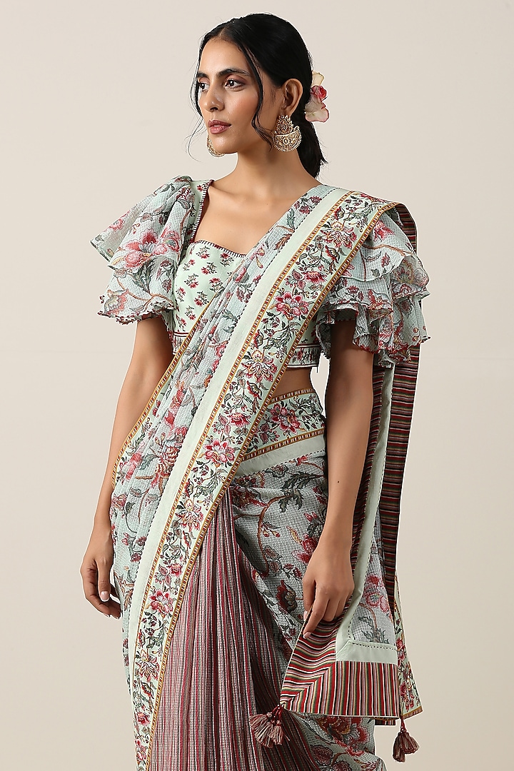 Mint Green Cotton Kota Printed Party Wear Saree Set by Samvrih at Pernia's Pop Up Shop