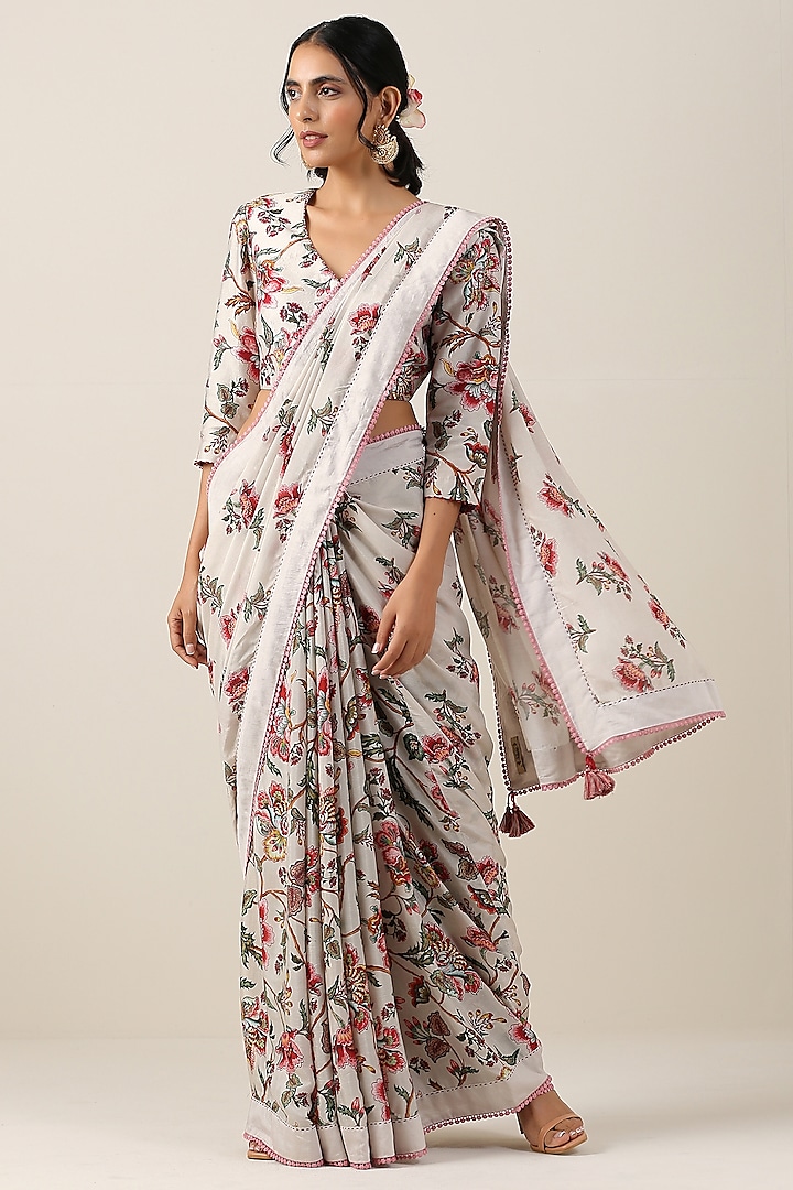 Off-White Viscose Silk Boota & Jaal Printed Saree Set by Samvrih