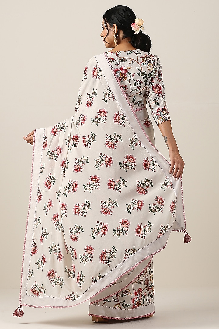 Off-White Viscose Silk Boota & Jaal Printed Party Wear Saree Set by Samvrih at Pernia's Pop Up Shop