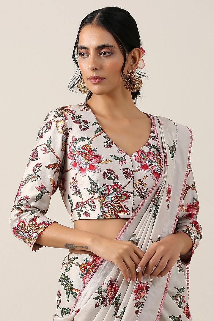 Off-White Viscose Silk Boota & Jaal Printed Party Wear Saree Set by Samvrih at Pernia's Pop Up Shop