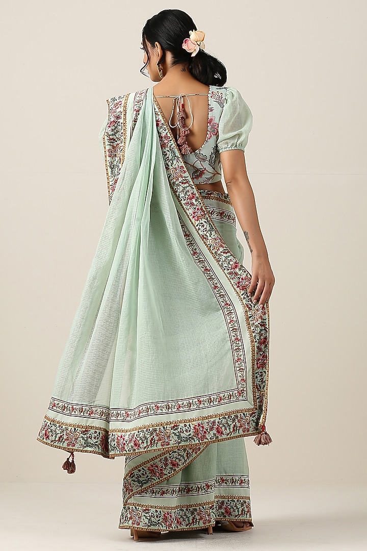 Mint Green Cotton Kota Printed Party Wear Saree Set by Samvrih at Pernia's Pop Up Shop