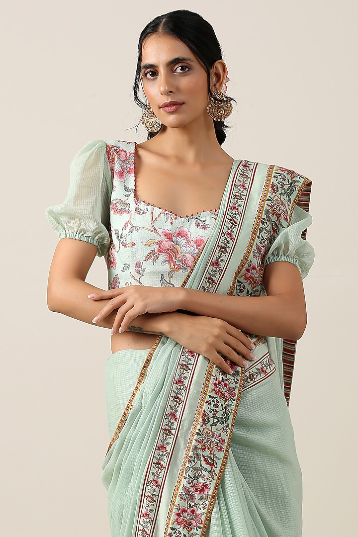 Mint Green Cotton Kota Printed Party Wear Saree Set by Samvrih at Pernia's Pop Up Shop
