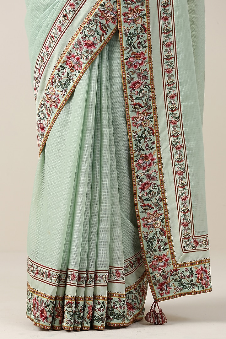 Mint Green Cotton Kota Printed Party Wear Saree Set by Samvrih at Pernia's Pop Up Shop