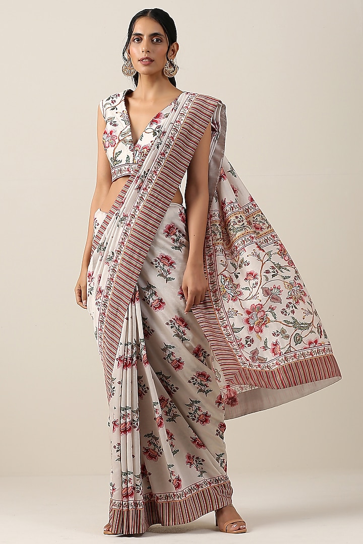 Off-White Viscose Silk Boota Printed Saree Set by Samvrih