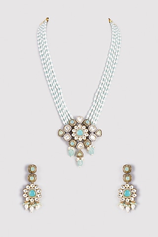Green Stone & Moissanite Polki Long Necklace Set by Tsera World