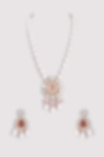 Pink Stone & Moissanite Polki Long Necklace Set by Tsera World at Pernia's Pop Up Shop