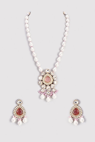 Pink Stone & Moissanite Polki Long Necklace Set by Tsera World