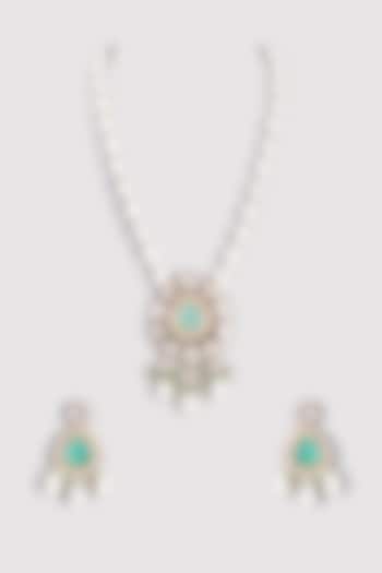 Green Stone & Moissanite Polki Long Necklace Set by Tsera World