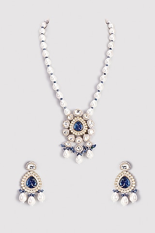 Blue Stone & Moissanite Polki Long Necklace Set by Tsera World
